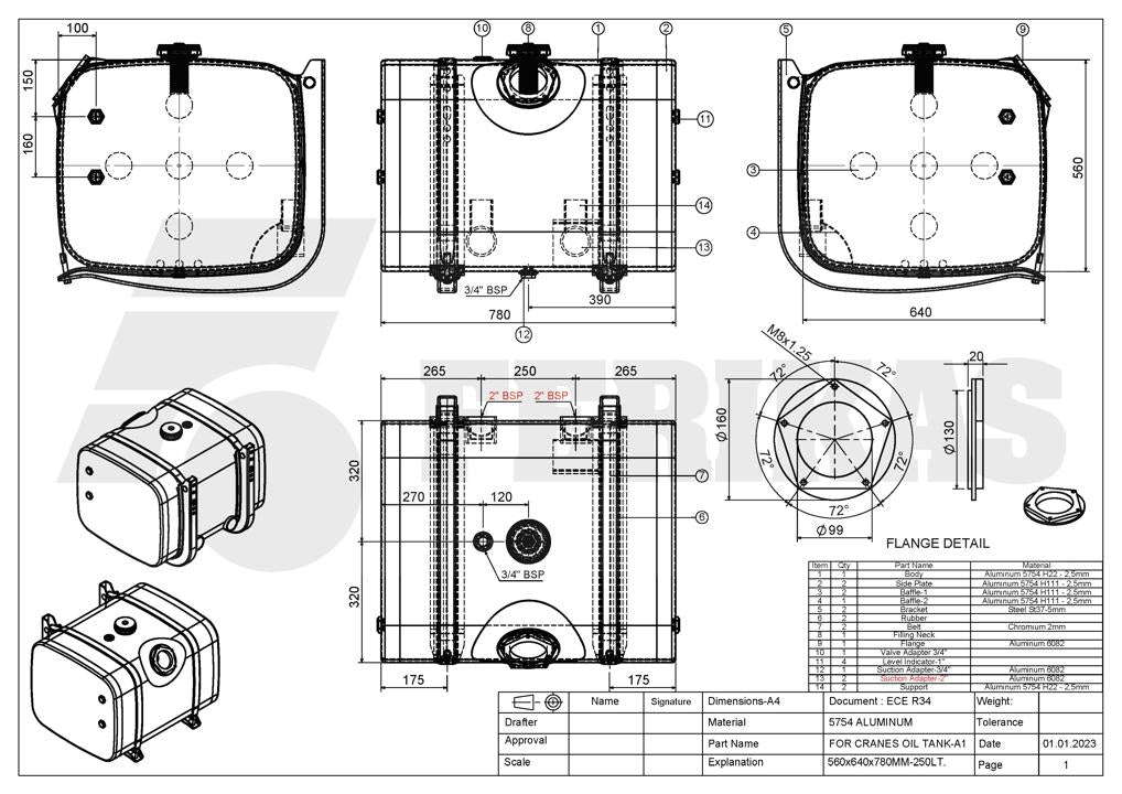NEW Hydraulic tank 250L 560x640x780 filter angled