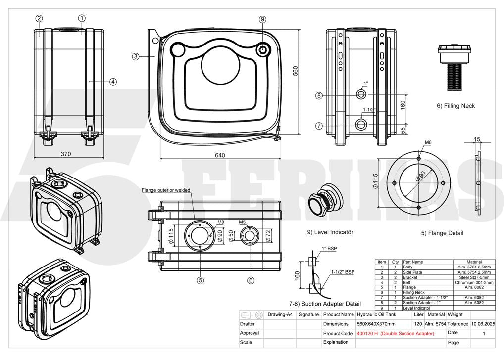 НОВЫЙ Гидравлический бак 120L 560x640x370 с двойным адаптером