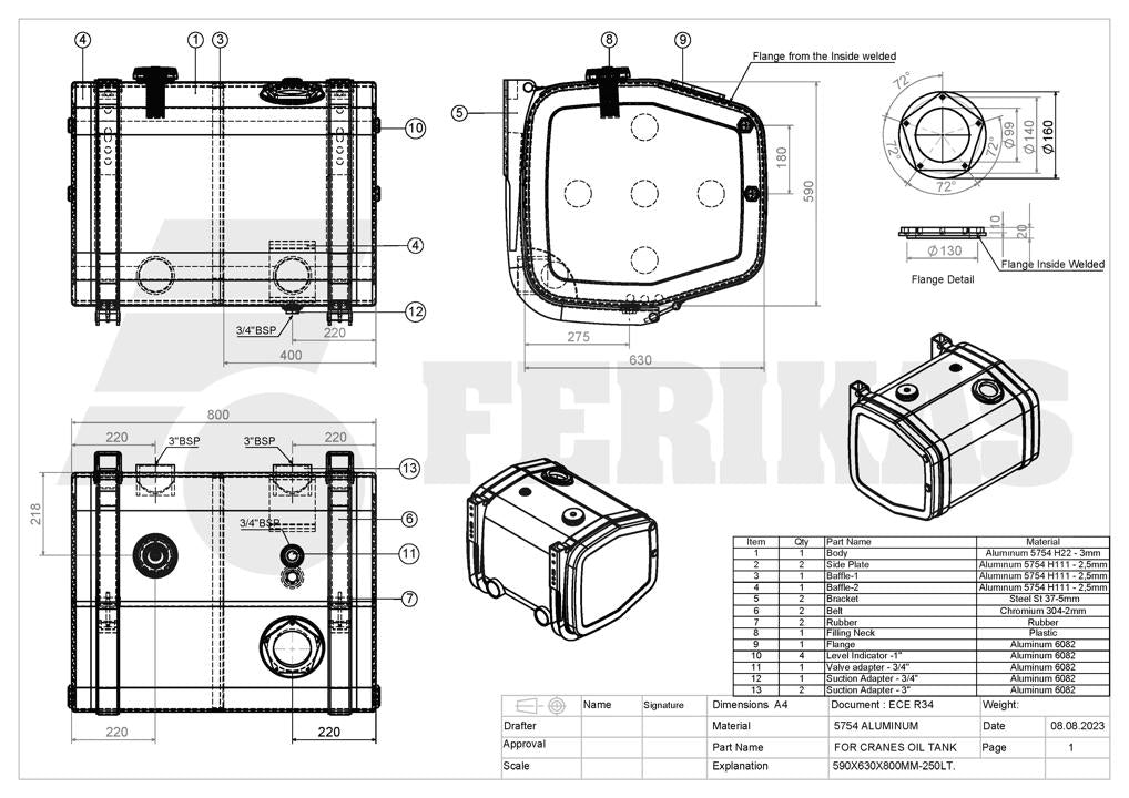 NEW Hydraulic tank 250L 590x630x800