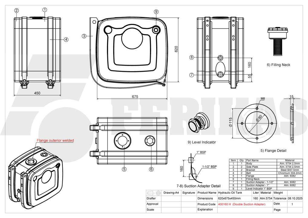 NEW Hydraulic tank 160L 620x675x450 with dual adapter