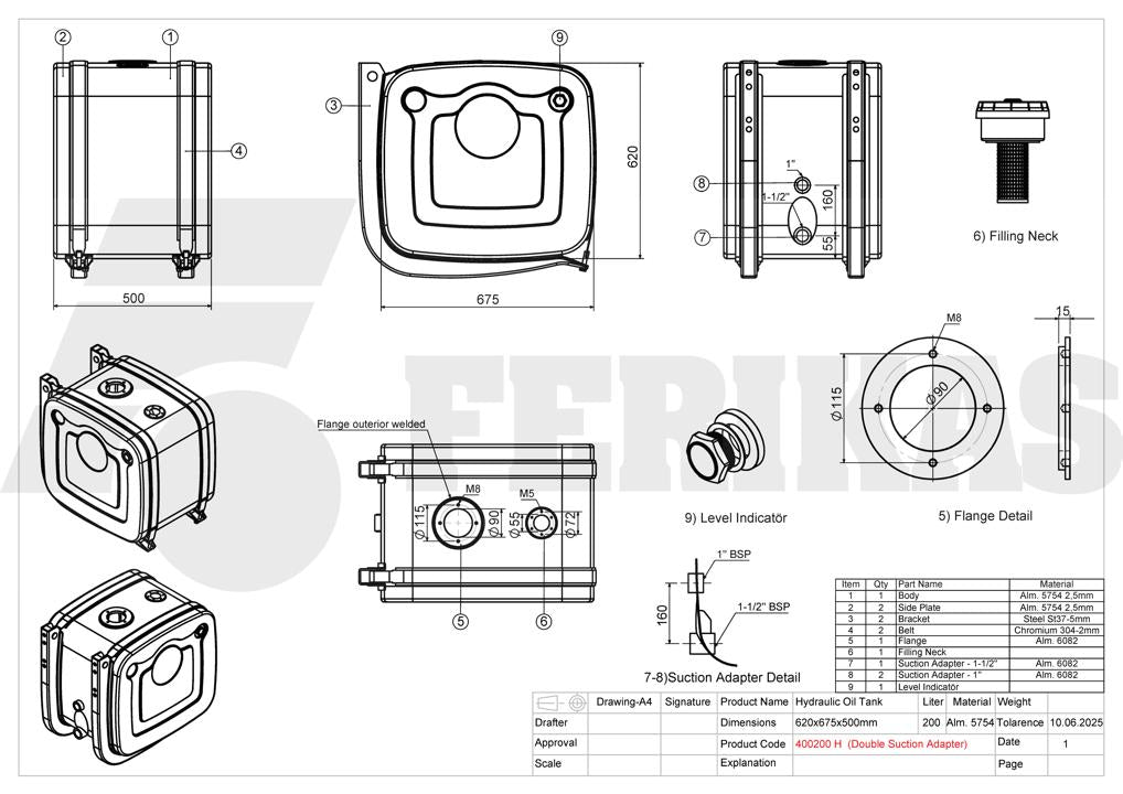 NEW Hydraulic tank 200L 620x675x500 with double adapter