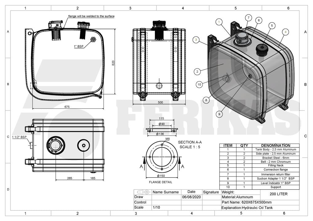 NEW Hydraulic tank 200L 620x675x500