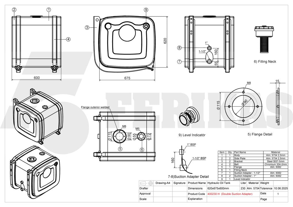 NEW Hydraulic tank 230L 620x675x600 with double adapter