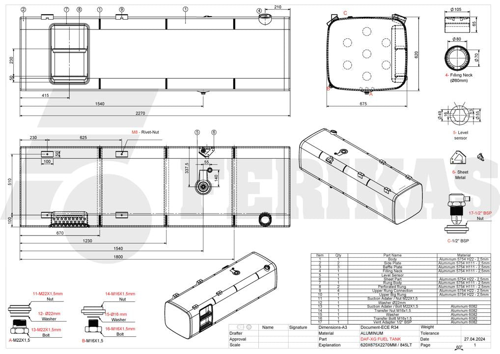 NEW DAF fuel tank 845L 620x675x2270 with steps