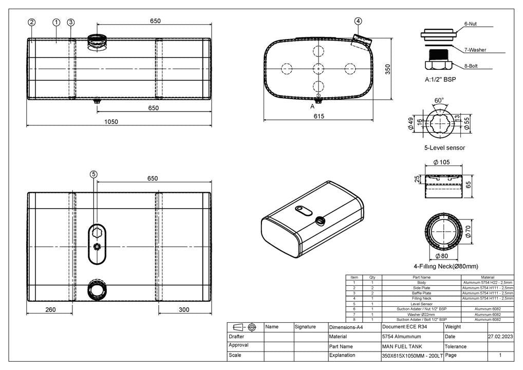 НОВЫЙ MAN 200L топливный бак 350x615x1050