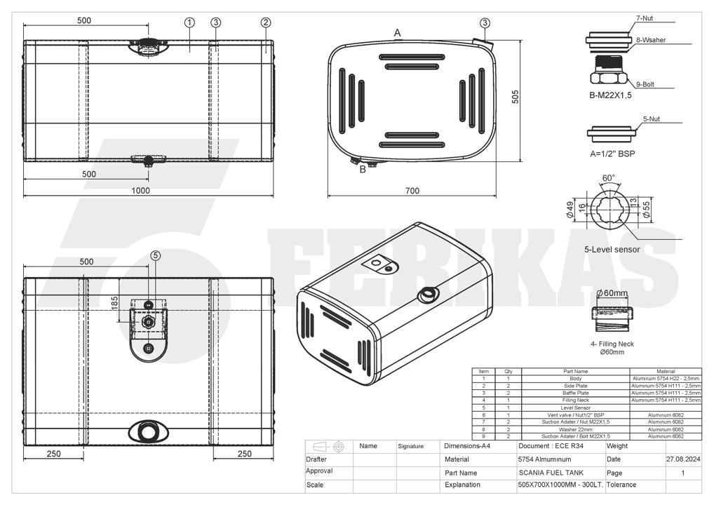 НОВЫЙ Scania 300L топливный бак 505x700x1000
