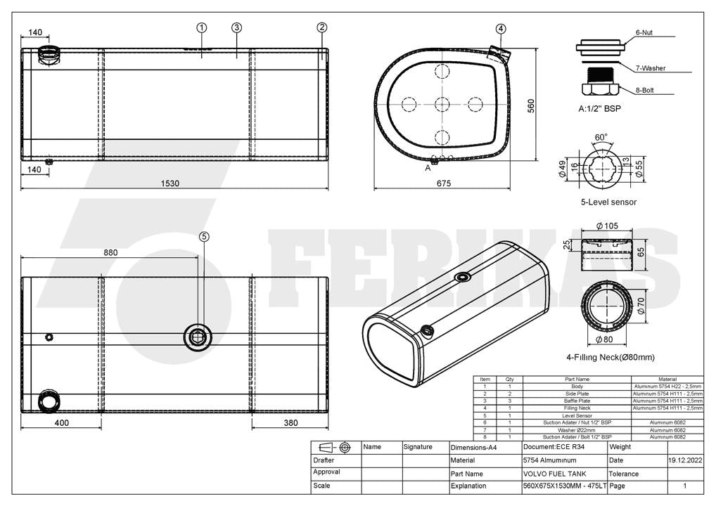 НОВЫЙ Volvo / Renault 475L топливный бак 560x675x1530