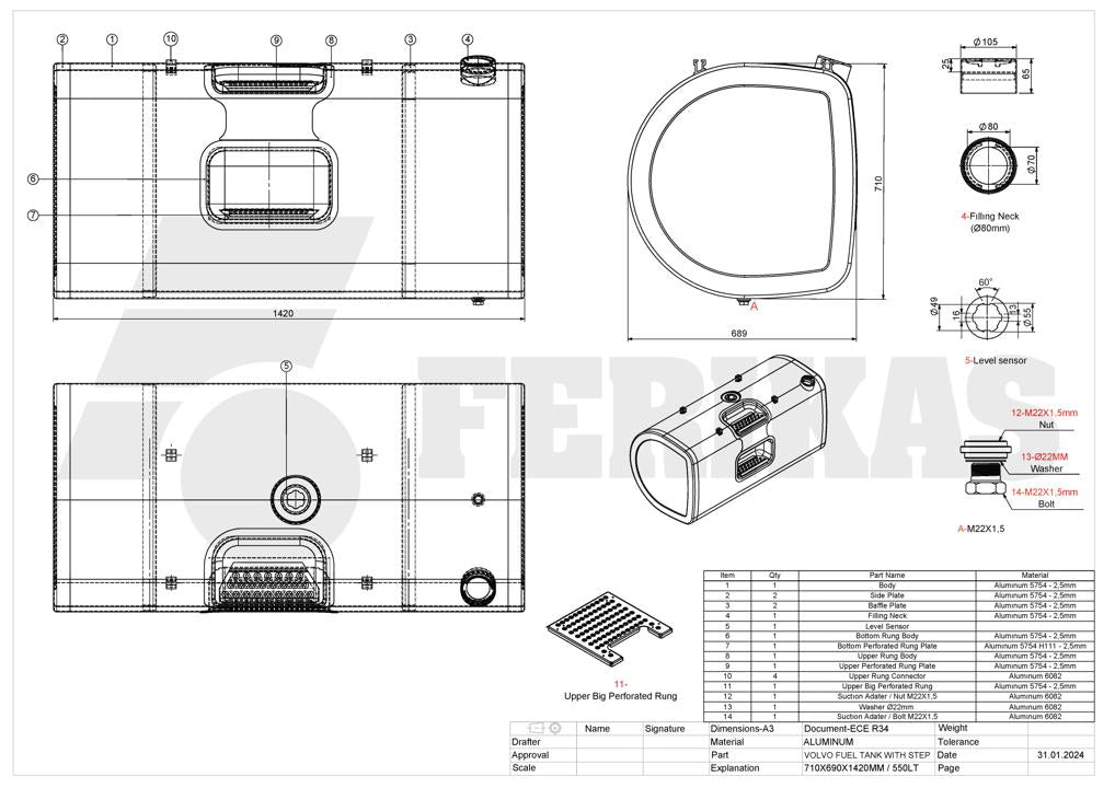 НОВЫЙ Volvo / Renault 550L топливный бак со ступенями 710x690x1420