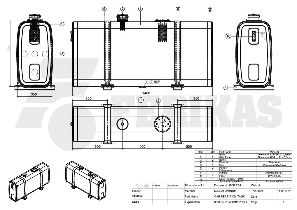 NEW Hydraulic tank 250L 650x350x1400 rear mount