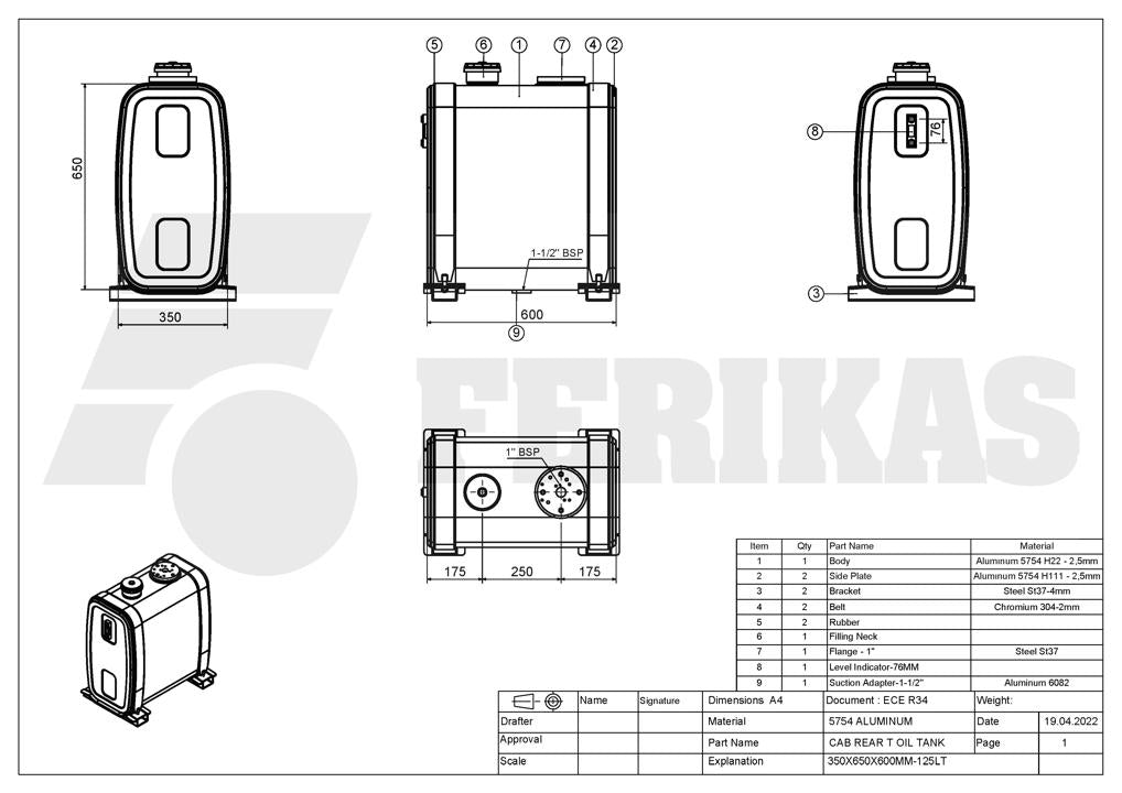 НОВЫЙ Гидравлический бак 125L 650x350x600 заднее крепление с фланцем