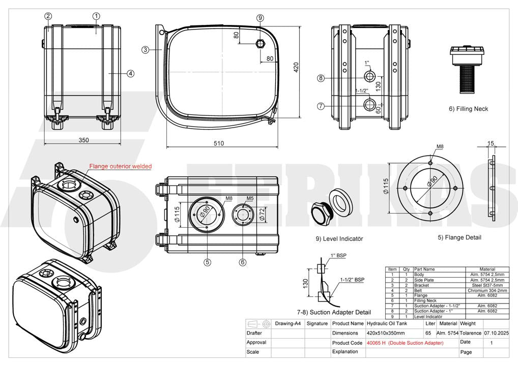 НОВЫЙ Гидравлический бак 65L 420x510x350 с двойным адаптером