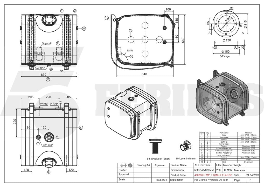 NEW hydraulic tank 200L 560x640x630 angled filter