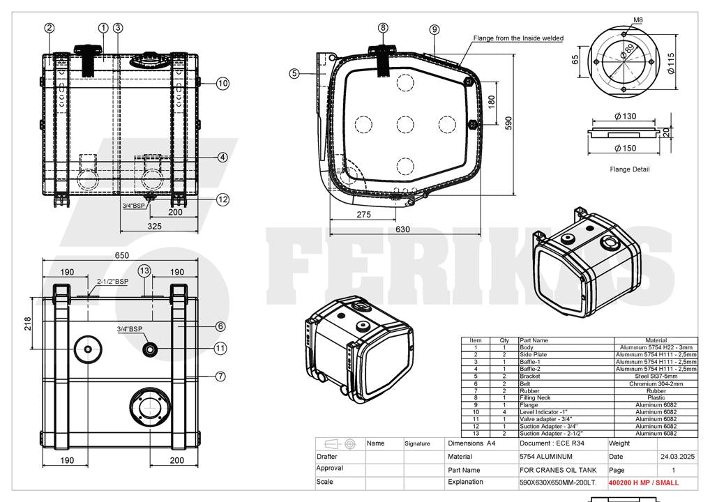NEW Hydraulic tank 200L 590x630x650