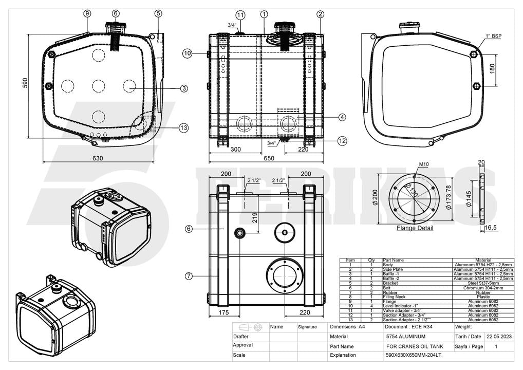 NEW Hydraulic tank 204L 590x630x650