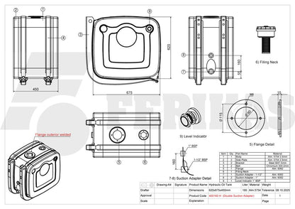 NEW Hydraulic tank 160L 620x675x450 with dual adapter