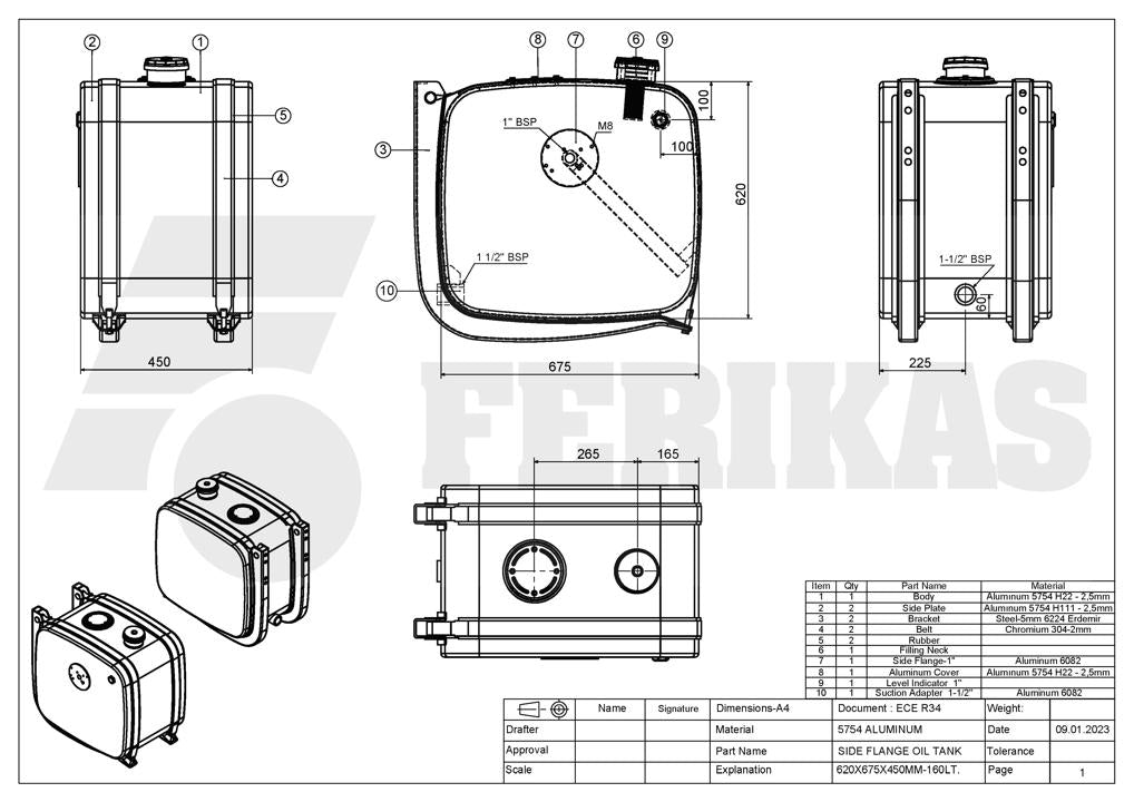 НОВЫЙ Гидравлический бак с боковым фланцем 160L 620x675x450