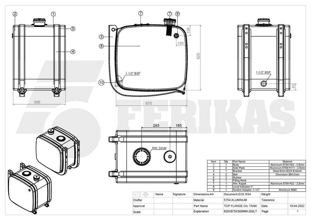 NEW Hydraulic tank 200L 620x675x500