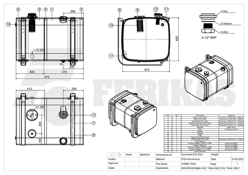NAUJAS kombinuotas 165L hidraulinis / 200L kuro bakas 620x675x970