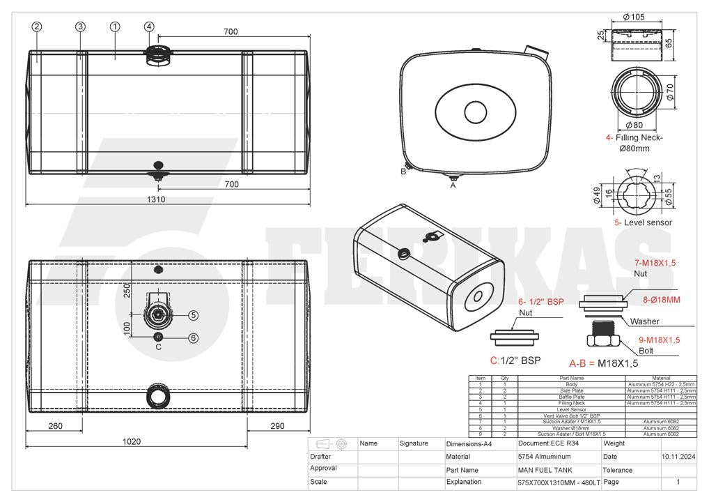 НОВЫЙ MAN 480L топливный бак 575x700x1310
