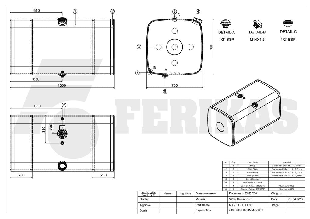 НОВЫЙ MAN 580L Топливный бак 700x700x1300