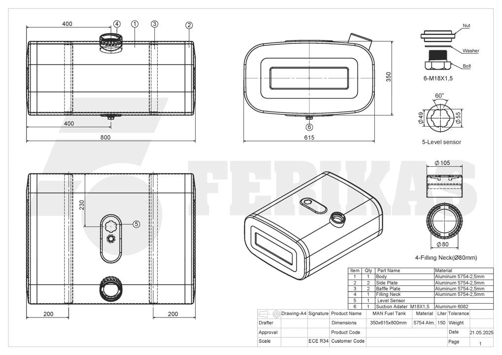 НОВЫЙ MAN топливный бак 150L 350x615x800