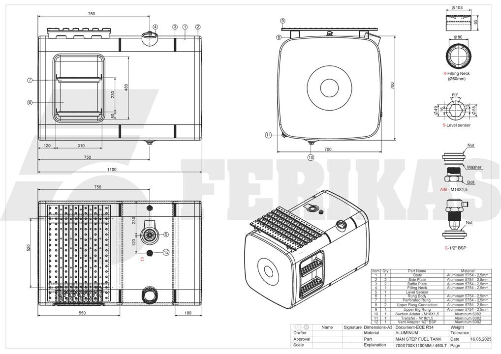 НОВЫЙ MAN 460L топливный бак со ступенями 700x700x1100
