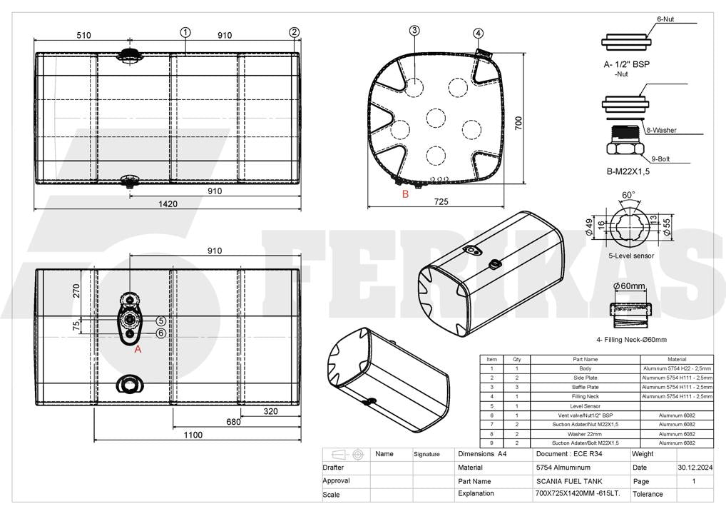 НОВЫЙ Scania 615L топливный бак 700x725x1440 с креплением оптимизатора